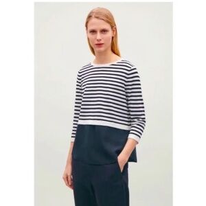 Cos Striped Cotton And Silk Button Back 3/4 Length Sleeve Top Small